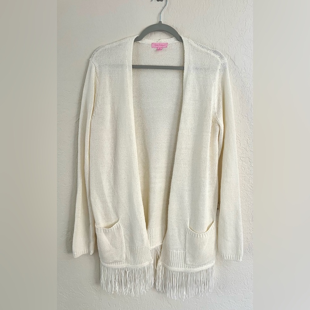 Lilly Pulitzer Cream / White Long Fringe Cardigan Size Medium